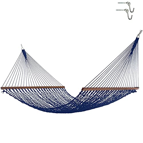 Hatteras Hammocks DC14NV Deluxe Navy Duracord Rope Hammock with Free Extension Chains  Tree Hooks Handcrafted in The USA Accommodates 2 People 450 LB Weight Capacity 13 ft x 60 in